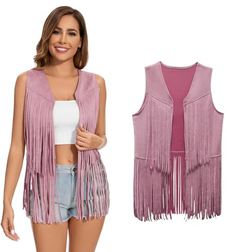 XonyiCos Women's Fringe Vest 70s 60s Hippie Vest Sleeveless Cowgirl Western Faux Suede Tassel Leather Jacket Carnival and Role Play Costumes