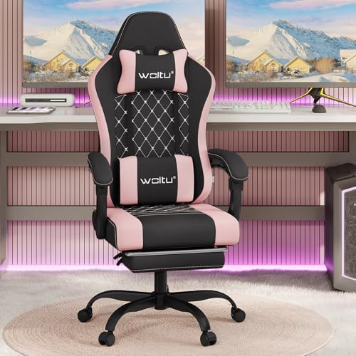 WOLTU Gamingstol med massagefunktion, datorstol med pocketfjäderdyna, ergonomisk gamerfåtölj, snurrstol med huvudkudde, ländryggsdyna och fotstöd, svart och rosa, GS15swr