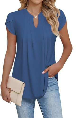 Cuptacc Camiseta Mujer Verano Elegante Cuello en V Blusa Mujer Manga Corta Moda Impresión Túnica Tops Azul Oscuro, Medium M 38-40