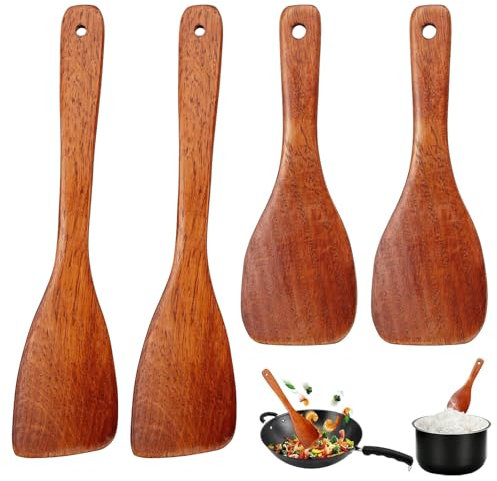 Qaestuan 4 Stück Pfannenwender Olive, Holzspatel zum Kochen, Spachtel Pfannenwender Holz, Holzspatel Küche Antihaft, Holz Kochbesteck, Holzschaber Küchenspatel für Wok Pfanne mit Antihaftbeschichtung