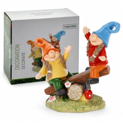 MIJOMA Nains de jardin décoratifs résistants aux intempéries - Figurines de jardin jouant en polystone - Nains sur bascule ou lors du jeu - 13 x 10 x 6 cm - Pour jardin, balcon et terrasse (plaisir à