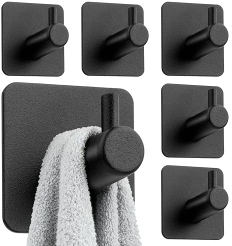 Timzeit Handtuchhalter ohne Bohren - 6er set Handtuchhaken schwarz Badezimmer Handtuchhalter aus Edelstahl Selbstklebender Wandhaken mit 3M-Klebehaken hohe Tragkraft Wasserfeste Haken für Bad