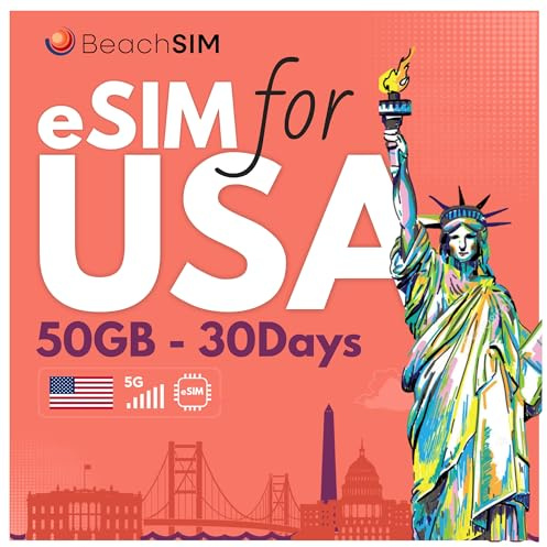 BeachSIM eSIM USA 30 dagar. 50GB-data med 4G/5G-hastighet. Förbetalt e-SIM endast för data. Snabb aktivering. Enkel påfyllning. eSIM-kompatibla enheter.