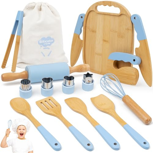 15-teiliges Kindermesser-Set, Montessori-Küchenset ab 3 Jahren, Blau | Mit sicherem Kiddikutter, Holzmesser und Schneidebrett zum Schneiden Lernen.