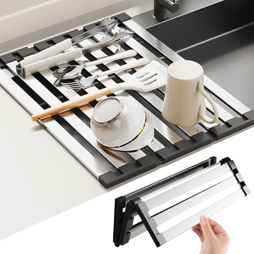 Vartegas Abtropfgestell Faltbar, Edelstahl Abtropfgitter Spülle | korrosions-, hitze- & rostbeständig, Spülbecken Organizer, Abtropfmatte mit rutschfestem Silikonboden, für küchenspüle (35×32.5cm)