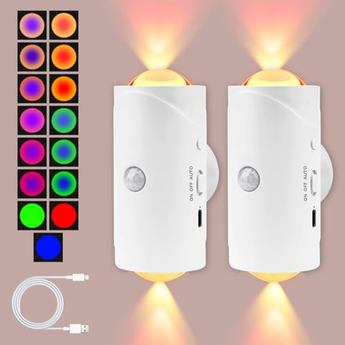 YOMOZEM 2 Stück Intelligentes LED-Nachtlicht mit Bewegungssensor, LED Nachtlicht mit Bewegungsmelder, RGB-Farbverlauf Dimmbar, Wiederaufladbare Magnetische Wandlampe für Schlafzimmer Flur Innen/Außen