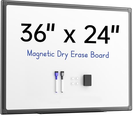 VUSIGN 36'' x 24'' Magnetic White Board for Wall, Dry Erase Board with Black Aluminium Frame, Hanging Whiteboard for Office, Home, Meeting - Accessories Included