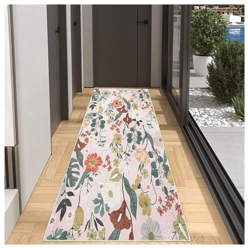 BORKOY Tappeto Corridoio Lungo 2.5 Metro Retrò Rosa con Fantasia Floreale - Tappeto Passatoia Morbido, Antiscivolo e Facilmente Lavabile per Ingresso, Cucina, Camera da Letto 50x250cm