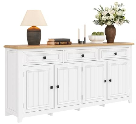Gxffipw Sideboard Wohnzimmer Kommode mit 3 Schubladen und 4 Türen, Wohnzimmerschrank Buffetschrank mit Gestreiftes Design und Griff, Beistellschrank mit Trennwand, Schrank Weiß, 160x35x76 cm