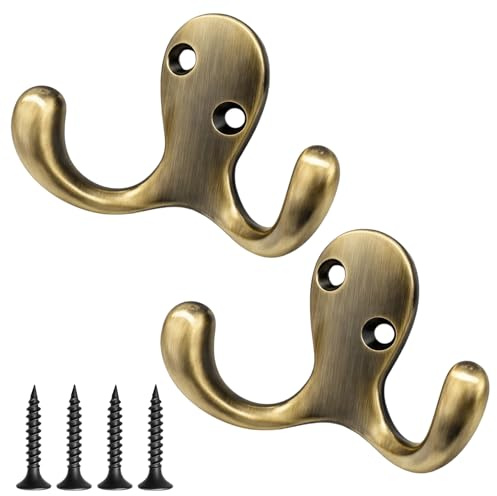 DNTHYRIN 2PCS Brass Hooks, Coat Hooks for Door, Door Coat Hooks with Classic Brass Construction, for Bathroom Bedroom Office Entryway Organization