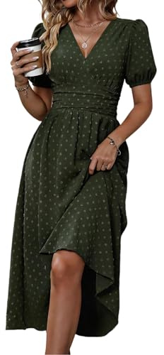 HUXRAKV Casual Wrap Summer Dresses for Women UK Elegante Ladies V Neck Lantern Sleeve Ruffled Waist Maxi Dress Boho Beachdress,51-Green,M