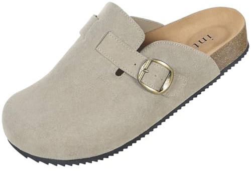 Intini Zuecos y Mules para Hombre Mujer Sandalias de Piel | Plantilla Corcho, Zapatilla de Estar por Casa, con Hebilla Ajustable, Cerradas, Cómoda