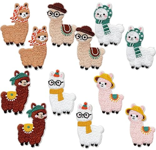 12 Stück Aufbügel Patches Llama Design, Bügelbilder und Bügelflicken | für DIY Kleidung, Aufnäher zum Aufnähen, Kreative Applikationen mit Verschiedenen Motiven für Kleidung und Textilien