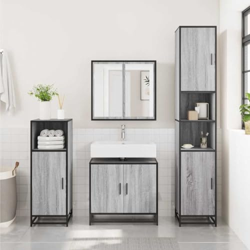 HengCaDa Vanity Unit Grey Sonoma Wood Material 65 x 33 x 60 cm with Metal Frame, Storage Space and Wall Mounting for Bathroom Furniture, Bathroom Furniture Set, Washbasin, Space-Saving and Organising