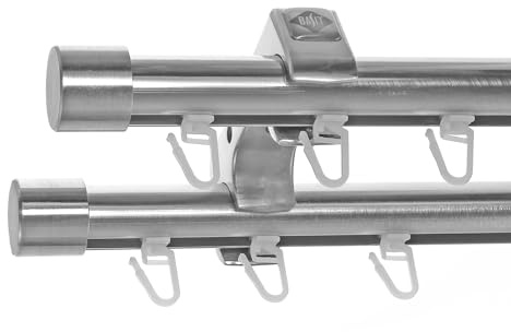 BASIT Gardinenstange Innenlauf Edelstahllook 20mm 2-läufig Decke 160cm D60 | Gardinenstangenset doppelläufig Deckenmontage Metall Vorhangstange Deckenhalterung 120-600cm wählbar Kappe E30