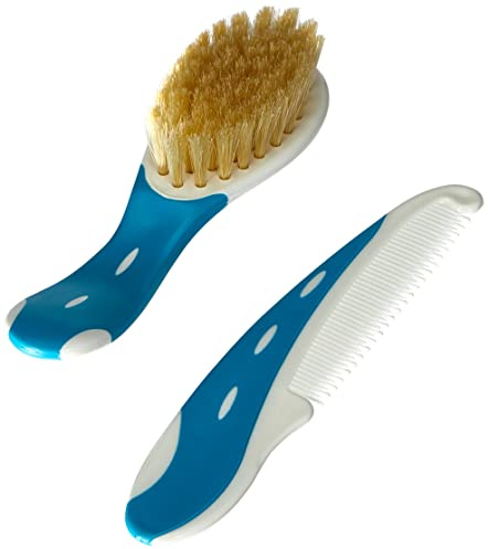 NUK 10256381 - Cepillo para bebé con cerdas naturales y peine de puntas redondeadas (1 unidad), color azul