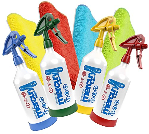 4 farbiges Set Kwazar Sprühflasche Mercury Super 360 Pro+ Super 1 Liter je 1x in gelb, rot, grün, blau, 360 Grad, Double Action Sprühkopf + 4 Basic Mikrofasertücher, farbig