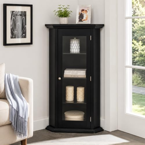 Kings Brand Corner Curio Vitrine mit Glastür und Regalen, Schwarz | Glastür-Display – präsentiert und schützt Sammlerstücke, Dekoration und Akzentstücke mit einer transparenten Glastür