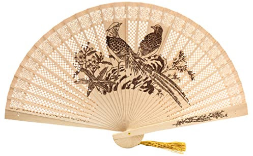 FANSOF.FANS Vintage Sandalwood Handheld Folding Hand Fan With a Tassel for Women Girls Summer Party Event Favour Birthday Wedding Souvenir Gift (Twin Birds)