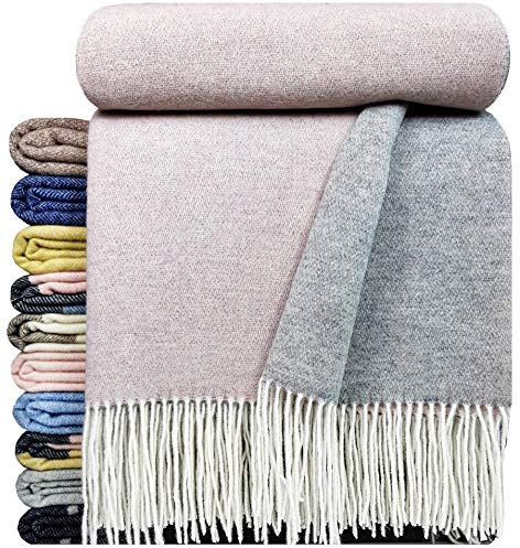 STTS International Manta de cachemira, 100% lana merino, 140 x 200 cm, manta de lana de cachemira, manta muy suave a cuadros Faro (rosa gris (doble cara)