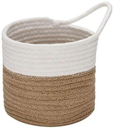 Sea Team Hanging Cotton Rope Baskets, 6.7 Inches Small Woven Storage Basket, Bike Hang Bag, Fabric Planter, Pot, Wall, Door Organizer for Keys, Wallets, Sunglasses, (Flaxen & White)