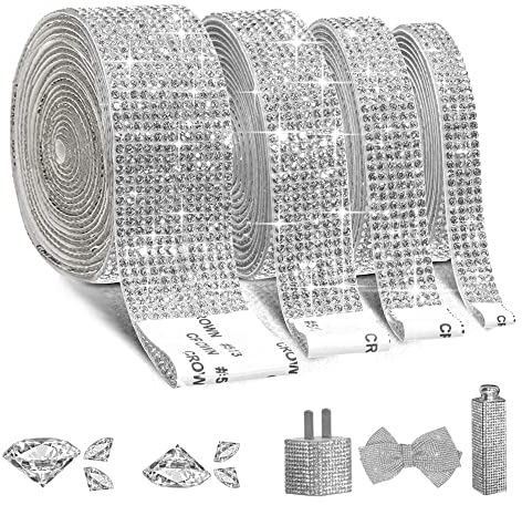 EANLOLY Selbstklebende Strassband Kristall Strass, Bling Glitzersteine Selbstklebend, DIY Diamant Band, 4 Rollen in 4 Größen(Silber)