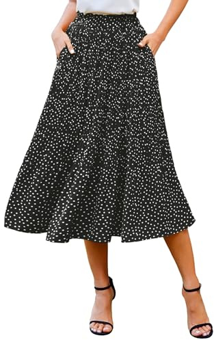 Zeagoo Womens Skirt Elastic High Waist Skirt Polka Dot Midi Skirts Casual Pleated Skirt with Pockets Black L