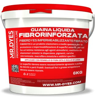 FIBERDYES Guaina Liquida Fibrorinforzata Impermeabilizzante Monocomponente, Gomma Liquida, Membrana Impermeabilizzante, Vari Colori, Formati 1 Kg, 6 Kg, 20 Kg. (6 KG, VERDE)