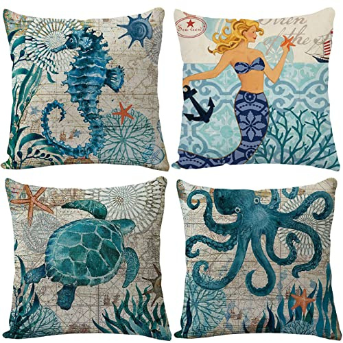 BINXWA 4er-Set Kissenbezüge 45 x 45 cm, maritimes Thema, dekorativer Kissenbezug, Baumwoll-Leinen-Kissenbezug, Sofakissenbezug, Outdoor-Gartendekoration