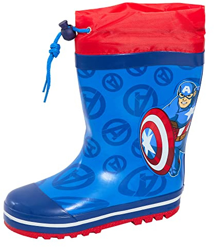 Marvel Botas de agua de Capitán América para niños con lazos superiores Botas de agua Avengers para niños Wellingtons Wellys, Azul, 32 EU