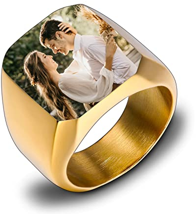 OTXIXTO Personalisierter Siegelring, Edelstahl Schmuck, Farbbild Gravur für Männer, Frauen, Erinnerungsstück, Beste Freundin Geschenke, Klobiges Band mit Ringgrößen Verstellter (Gold, Größe 70)
