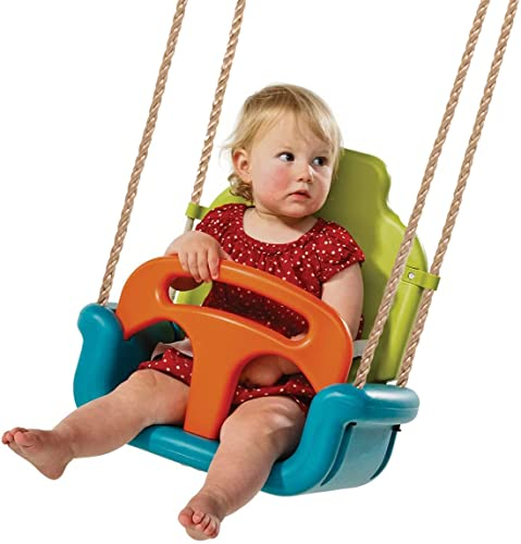 TRIBECCO® Columpio para bebé 3 en 1, asiento de bebé ajustable, columpio de jardín para bebés y niños, con respaldo y cinturón de seguridad, fabricado en la Unión Europea