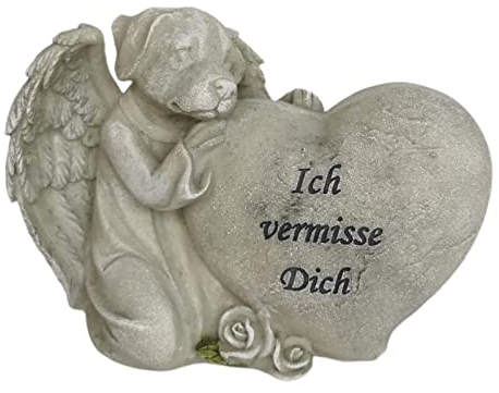 Goldbach Grabschmuck Hund neben Herz Ich vermisse Dich Trauerengel Grabdeko Engel Kunststein, Steingrau