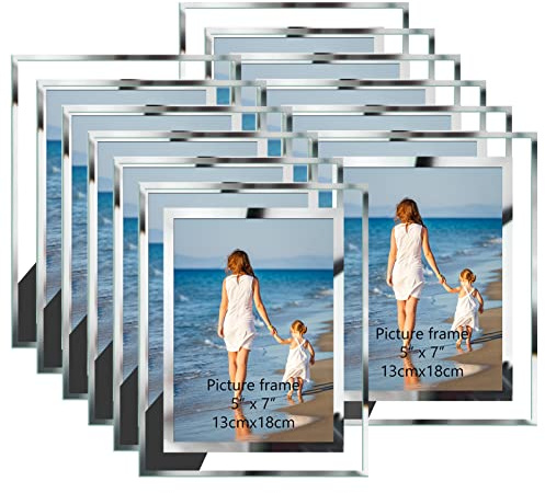 Hoikwo Bulk 5x7 Picture Frames, 12 Packs Silver Photo Frames 5 by 7, Glass Wedding Frames 5x7, Clear Mirror Wedding Photo Frames, Only for Tabletop Display Vertically or Horizontally