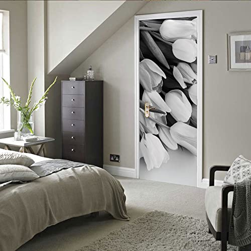 TüRtapete Selbstklebend TüRposter TüRaufkleber Tapete, Wandaufkleber für Schlafzimmer, Heimdekoration, wasserdicht, abnehmbar, Premium Vinyl Upgrade, schwarz weiße Blume, Tulpe, modern