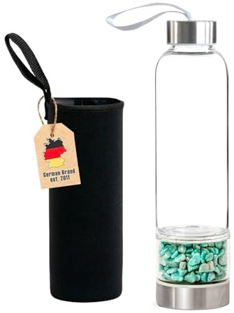 INTIRILIFE Trinkflasche Wasserflasche mit Heilsteinen mit schwarzer Tasche - Türkis - 400 ml Füllmenge - Flasche mit Edelsteinen Mineralsteinen