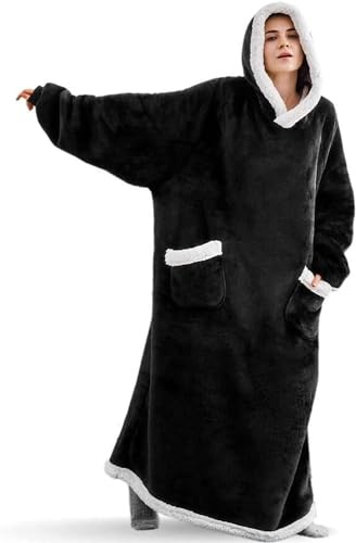 Seogva Extra langer, tragbarer Kapuzenpullover, übergroßes Deckensweatshirt für Damen und Herren, super warmes und gemütliches Kapuzen-Sweatshirt mit Ärmeln und riesiger Tasche, Schwarz