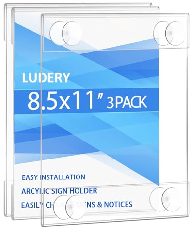 Ludery Acrylic Window Sign Holder 8.5 x 11 with 4 Suction Cups,Clear Acrylic Frames Glass Window Wall Mount,Advertising Signage Sign Holder for Mall, Office, Home, Store, Restaurant (3 Pack)