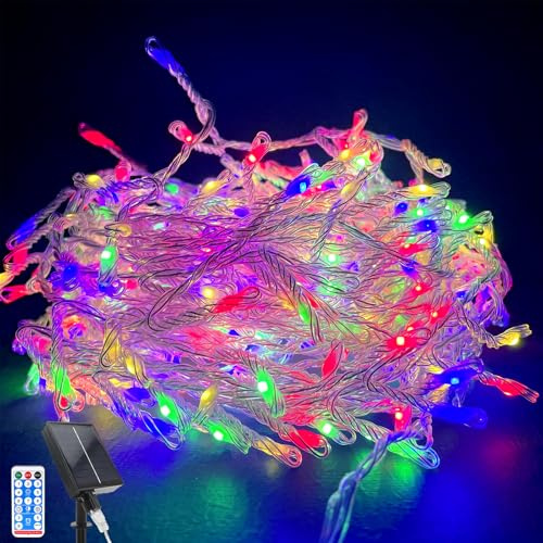 Acxilexy Catena Luminosa Esterno Solar, 10M Impermeabili Luci Natale Decorative, 370 LEDs Stringa Luci Natalizie 8 Modalità Con Telecomando Luce Della Stringa Decorazione per Nozze Festa-Colorato