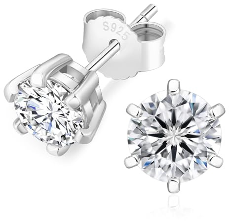 KRKC&CO Moissanite Ohrringe 925 Silber, 2 Karat echter runde Moissanit Diamant, VVS1 Reinheit D Farbe, Weißgold vergoldet allergiefrei, 6-Steg-Krappenfassung, Geschenk für Damen Frauen, 6,5mm