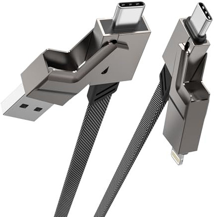 4 in 1 USB zu Lightning und C Kabel Combo - 60W Schnellladekabel Multi Ladekabel mit Lightning/Typ-C/USB-A, Nylon USBKabel iPhone Ladekabel für iPhone16 15 14 iPad Samsung MacBook, 3Ft