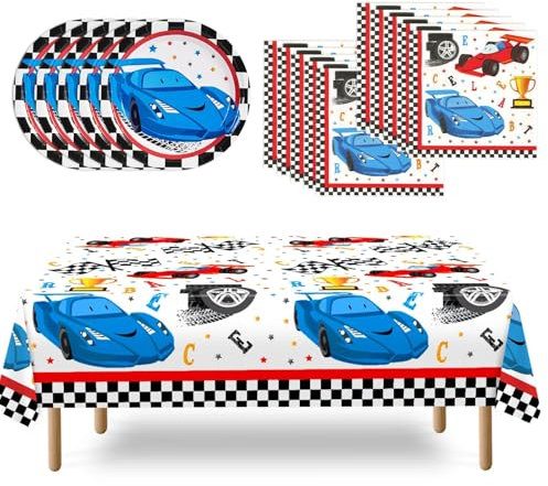 WERNNSAI 33 Pcs Racing Car Party Supplies Set - Checked Race Car Plates Napkins and Tablecloth Disposable Party Dessert Tableware Set for Boys Birthday Baby Shower Decorations Serves 16 Guests