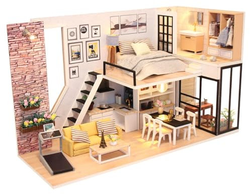 Habbari Miniaturhaus – Kreatives DIY Set zum Basteln – Originelles Geburtstagsgeschenk für Kinder & Erwachsene – Bezauberndes 3D Modell – Puppenhaus 1:24 - Motiv Loft in Manhattan