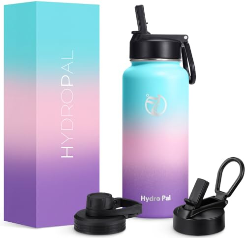 HydroPal 1L Edelstahl Isolierflasche,Trinkflasche mit Strohhalm 2 Deckel | BPA-frei, 24h kalt & 12h heiß Vakuumflasche, auslaufsicher Wasserflasche, Stroh- und Ausgussdeckel Sportflasche für Alltag