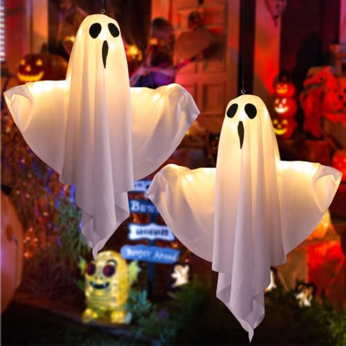 Hängende Halloween Geister mit Lichterketten - 2 Stück, Outdoor Deko für Terrasse, Baum, Veranda - 50 CM Party Dekoration