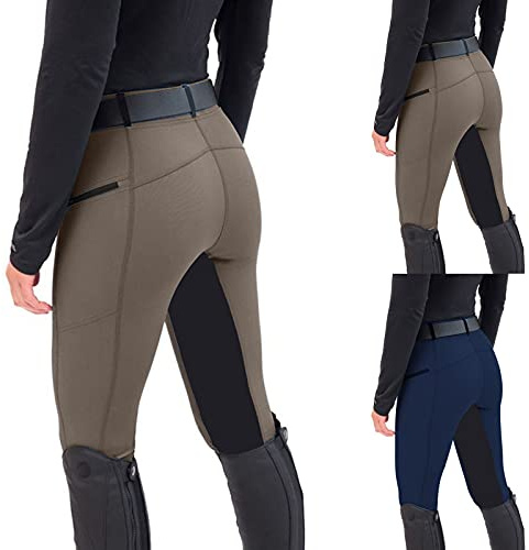 Reitleggings Damen Reithose mit Handytasche Stretch High Waist Vollbesatzreithose mit Gürtelschlaufen Reitsport Hosen Leggings Anti Pilling Outdoor Reitbekleidung Pferdetraining