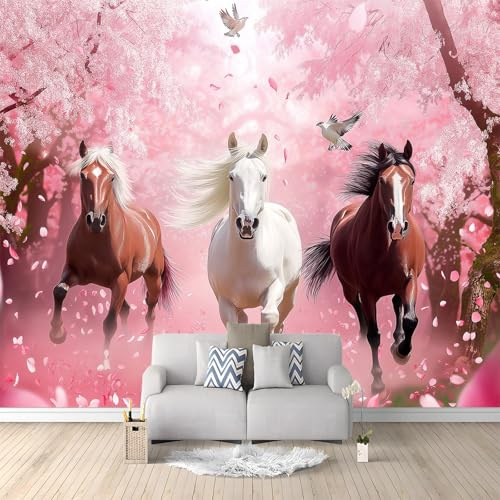 Papel Pintado Pared Panorámico Pétalos De Rosa Pájaros Y Caballos 200x140 cm Fotomurales No Tejido, Murales Decoración de Pared, Póster Personalizado 3D Para Salón Dormitorio