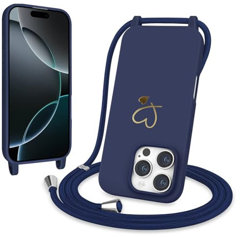 Newseego Crossbody Lanyard Phone Case for iPhone 16 Pro, Soft Slim Cute Gold Heart Mobile Phone Cover with Adjustable Strap TPU Solid Color Protection Design for iPhone 16 Pro Girls Women-Blue