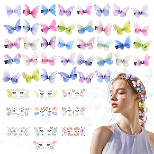 Shinybox 38 Stück Schmetterling Haarspange, 10 Stück Gesicht Aufkleber, 3D Snap Haarclips und Glitzer Aufkleber für Karneval Party