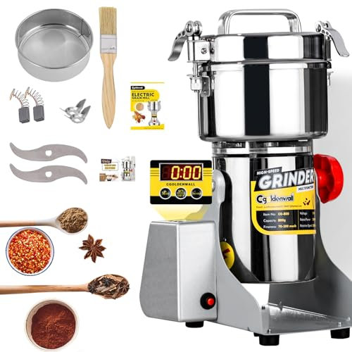 Electric Grain Mill 30-300 Mesh Superfine Grinding for Herbs/Grains/Spices/Seeds High Speed Stainless Steel (800g LED Swing)